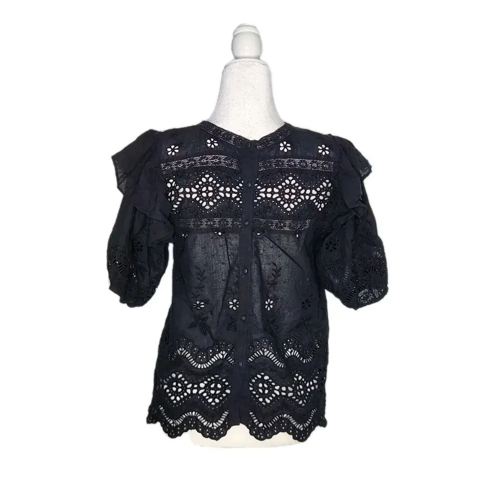LoveShackFancy Tilda Eyelet Lace Black Blouse Puff Sleeves Ruffles Size Small